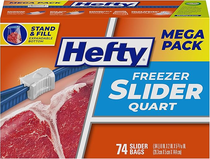 Hefty Slider Quart Freezer Bags, 74 Count, Quart Slider Bags for Freezer, Holds Individual Leftovers, Sliced Fruits and Veggies, and More, Writable Label, Secure Zip and Click Closure