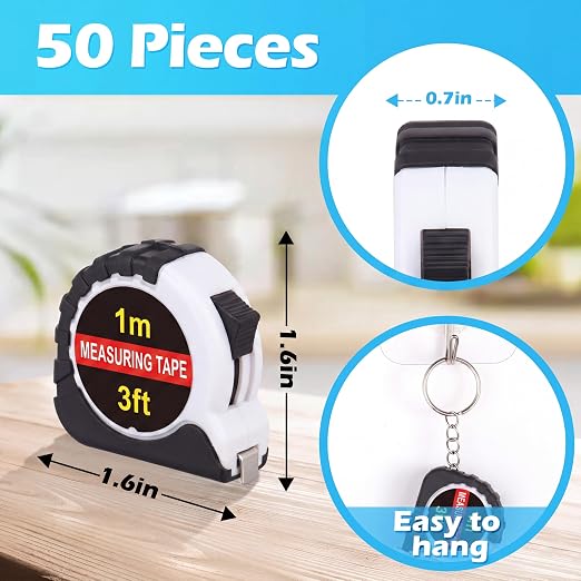 Kanayu 50 Pcs Mini Tape Measure Keychains 3 ft Small Retractable Measuring Tape Bulk with Lock Steel Easy Read Pocket for Birthday Party Favors Daily Use (White)