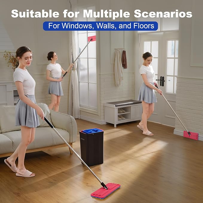 JOYMOOP Mop and Bucket with Wringer Set, Hands Free Flat Floor Mop and Bucket, with 4 Washable Microfiber Pads, Wet and Dry Use, Floor Cleaning System - Black+Red+Slate Blue