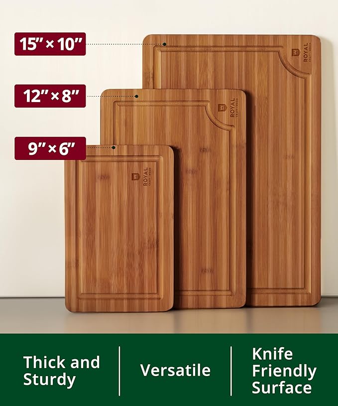 ROYAL CRAFT WOOD Wooden Cutting Boards for Kitchen Appliances - Non Toxic Bamboo Wood Cutting Board Set with Deep Juice Groove, Side Handles, Charcuterie & Butcher Block for Meat, Meal Prep & Serving