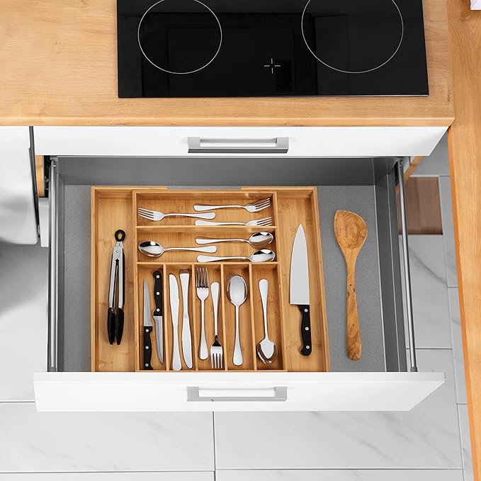 Purawood Bamboo Drawer Organizer, 2 Pack - Expandable Silverware Organizer & Utensil Organizer, Cutlery Tray with Dividers, 7-9 Slots- Premium Kitchen Organizer for Utensils & Flatware (Natural)