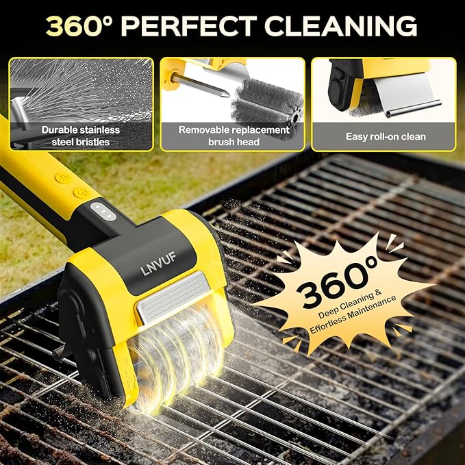 Electric Grill Brush, Grill Cleaner with LED Light, with 800 RPM Motor, Heavy Duty Grill Cleaning Tool (Yellow), Personalized Father s Day Gift s for Dad