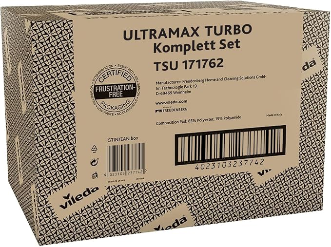 Vileda Ultramax Turbo 2-in-1 Floor Mop Complete Set, Mop with Telescopic Handle, Microfibre Cover and Bucket with Power Spinner, for All Hard Floors, Handle Length 75-130 cm, Eco Packaging