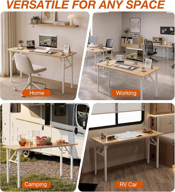 XBurmo Folding Desk Foldable Table, No Assembly 55.1" Foldable Desk Space-Saving Workstation for Small Space, Computer Table, Flat Storage for Home Office, Bedroom, Dorm, Study Room, Light Maple