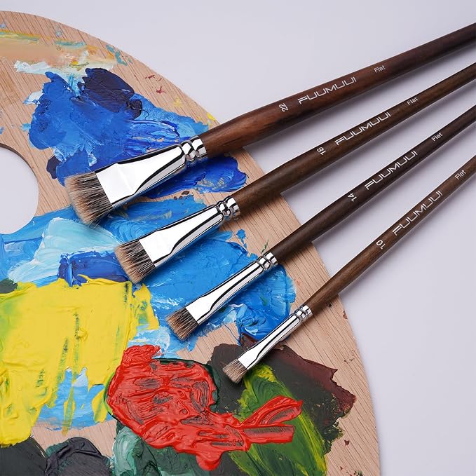 Fuumuui Professional Paint Brush Set, 4Pcs Natural Badger Hair with Flat Shape Blending Mop Oil Paint Brushes for Acrylic Painting Oil and Gouache
