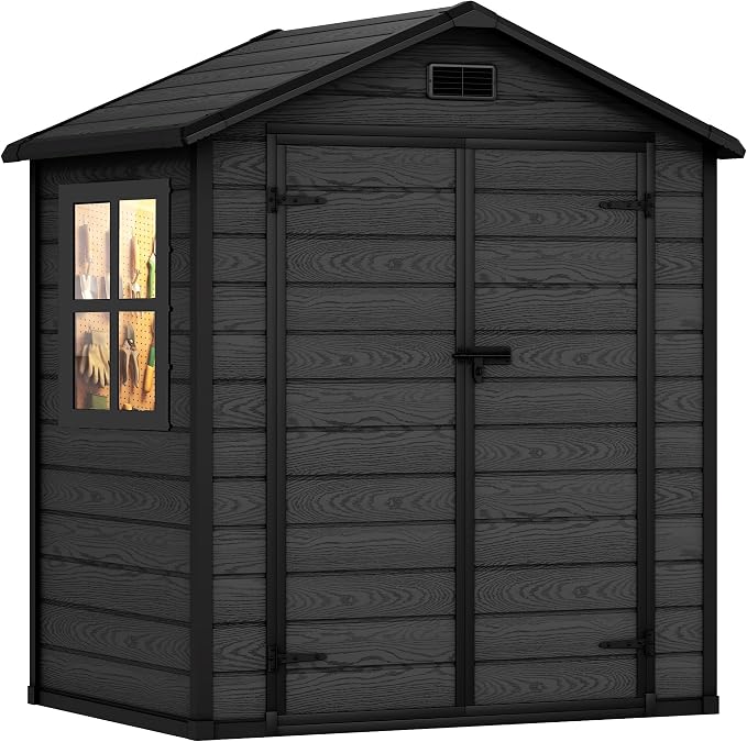 DWVO 6X5FT Resin Storage Shed with Reinforced Floor, Outdoor Storage Shed with Lockable Door, Window and Vents, Waterproof Plastic Tool Shed for Garden, Backyard, Patio, Lawn