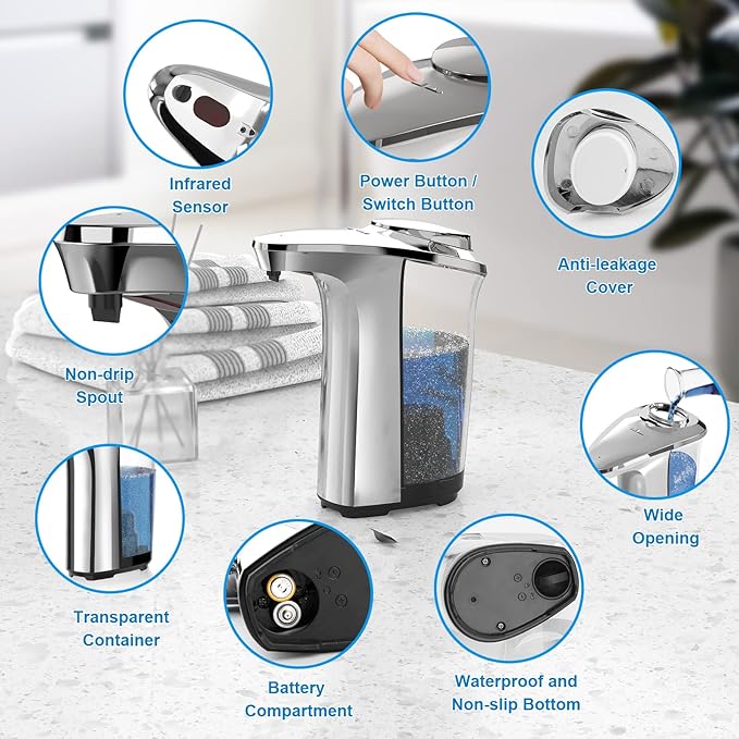 PZOTRUF Automatic Soap Dispenser, Touchless Dish Soap Dispenser 17oz/500ml with Infrared Sensor, 5 Adjustable Soap Dispensing Levels, Liquid Hand Dispenser for Bathroom Kitchen Sink (Silver)
