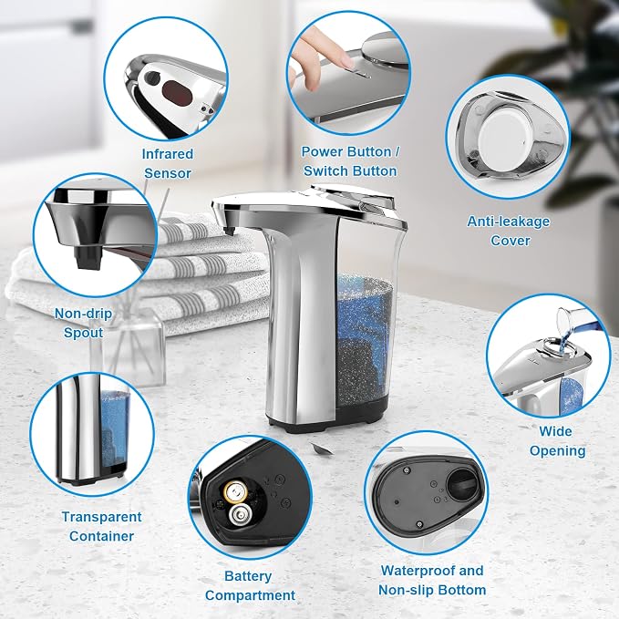 PZOTRUF Automatic Soap Dispenser, Touchless Dish Soap Dispenser 17oz/500ml with Upgraded Infrared Sensor, 5 Adjustable Soap Dispensing Levels, Liquid Hand Dispenser for Bathroom (Silver Set)