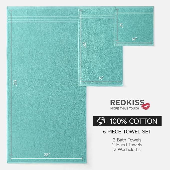 REDKISS Teal Towels Set 6 Piece Cotton Towel Sets with 2 Bath Towels, 2 Hand, 2 Washcloths, 650GSM Hotel Quality, Soft, Highly Absorbent Towels for Bathroom Gym, Ideal Everyday Use