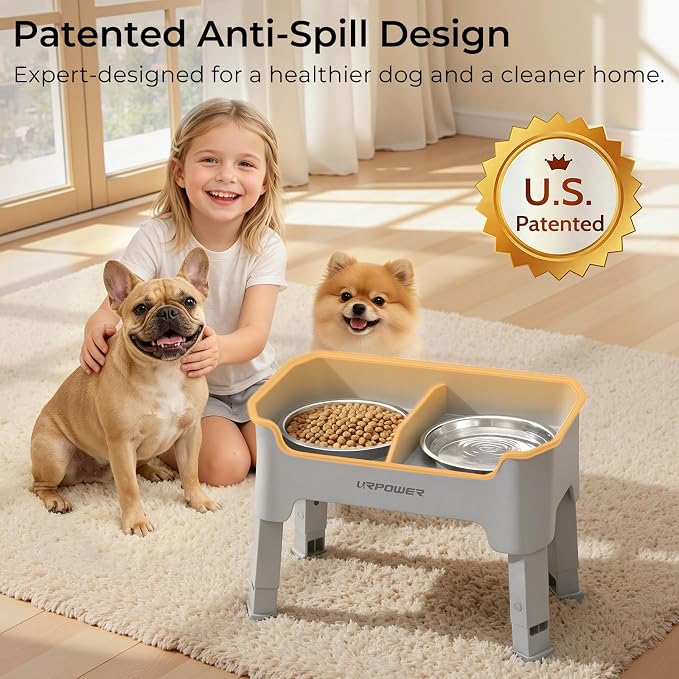 URPOWER Mess Proof Elevated Dog Bowls for Small Dogs with Splash Guard | 2 Stainless Steel Dog Bowls Non-Slip Food and Water Bowl Set with High Wall Splash Guard Design for Small Dogs, Light Grey