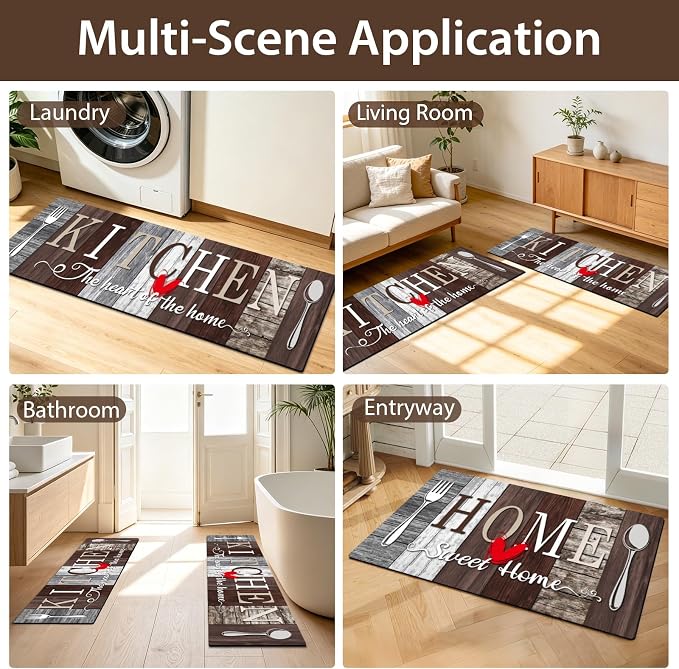 Kitchen Rugs Set 3 Piece, Non Slip Kitchen Mats for Floor, Soft Fabric with Rubber Backing, Farmhouse Anti Fatigue Runners Carpet for Home Kitchen Laundry Room Hallway Rustic Dark Brown & Grey