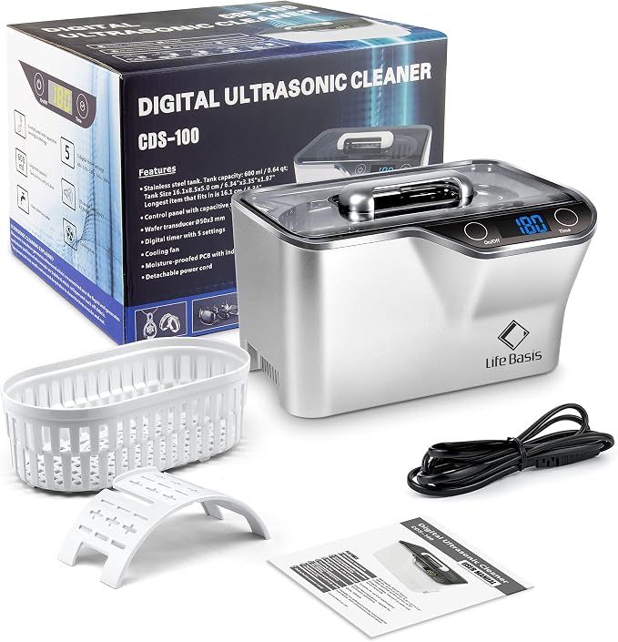 LifeBasis Ultrasonic Cleaner, Professional 45kHz Ultrasonic Jewelry Cleaner 20 Ounces (600ML) with Digital Timer, Watch Holder Ultrasonic Glasses Cleaner for Rings, Coins, Watches, Dentures, Silver