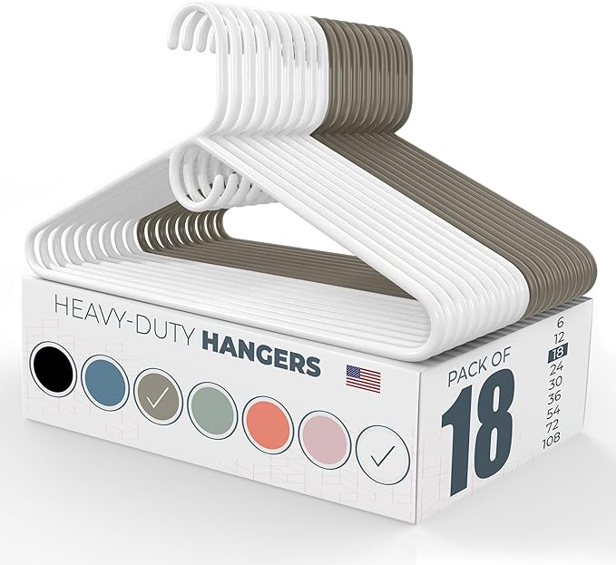 Heavy Duty Clothes Hangers 18 Pack – Made in the USA – 8lb Capacity Plastic Hangers for Adult Clothing – Durable for Pants, Coats, Jackets, or Jeans – White & Gray