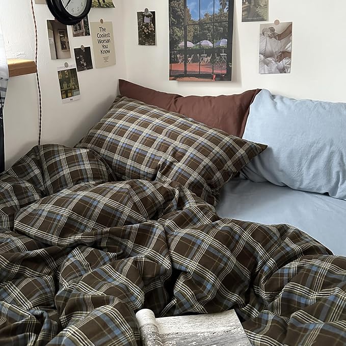 mixinni Vintage Buffalo Plaid Duvet Cover Set Full Size - 3 Piece Washed Cotton Bedding Set with Grid Pattern, Soft & Breathable Duvet Cover with Pillowcases for All Seasons,(Brown & Blue, Beige)
