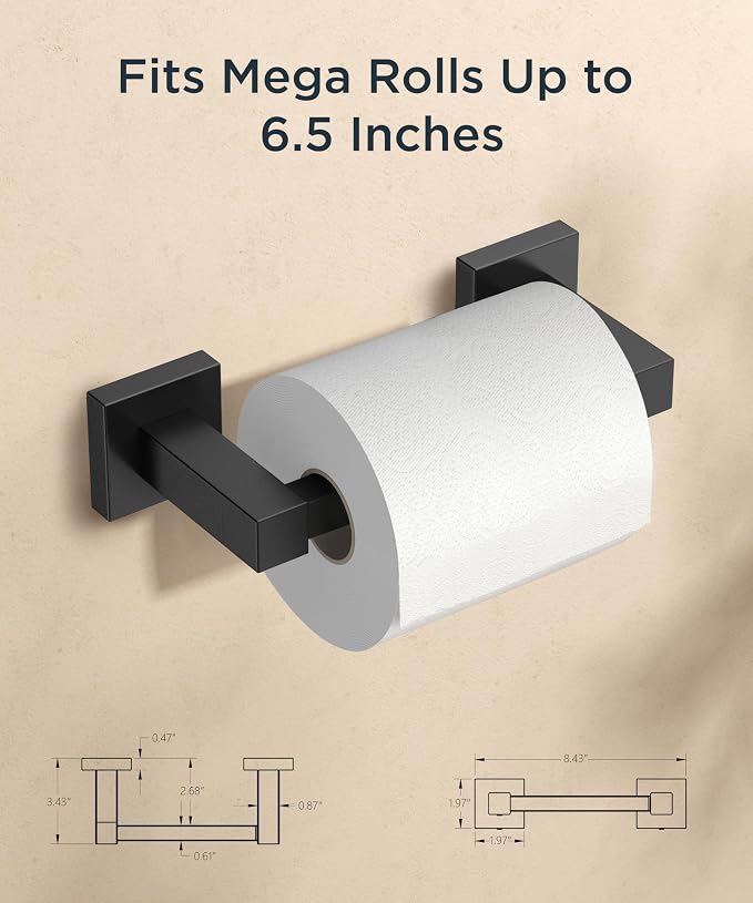FORIOUS Toilet Paper Holder Wall Mount, Stainless Steel Rustproof Double Post Pivoting Tissue Roll Holder for Bathroom, Commercial Toilet Paper Dispenser (Matte Black, Square)