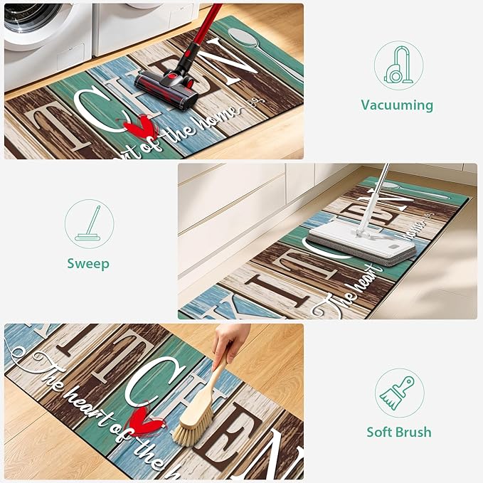Kitchen Rugs Set 3 Piece, Non Slip Kitchen Mats for Floor, Soft Fabric with Rubber Backing, Farmhouse Anti Fatigue Runners Carpet for Home Kitchen Laundry Room Hallway (Rustic Teal Brown)