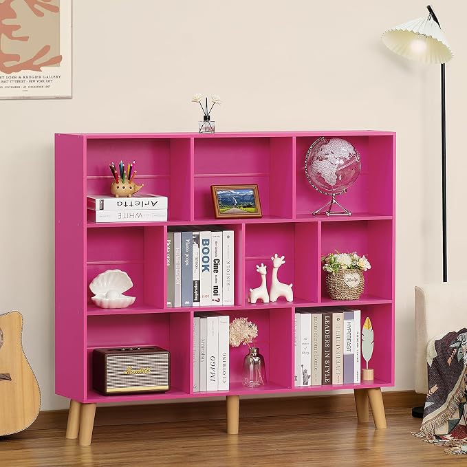 LEYAOYAO 10 Cube Bookshelf, Mid-Century Modern Book Shelf with Legs, Pink | 3 Tier Bookcase, Rustic Wood Bookshelves Freestanding Large Storage Organizer, Open Shelves for Bedroom, Living Room, Office