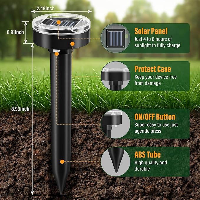 Mole Repellent Solar Powered 10 Pack Square Design – Outdoor Waterproof Pest Deterrent for Yard & Garden, Repels Mole, Gopher, Vole, Snake & Groundhog, Pet Friendly Sonic Burrowing Control