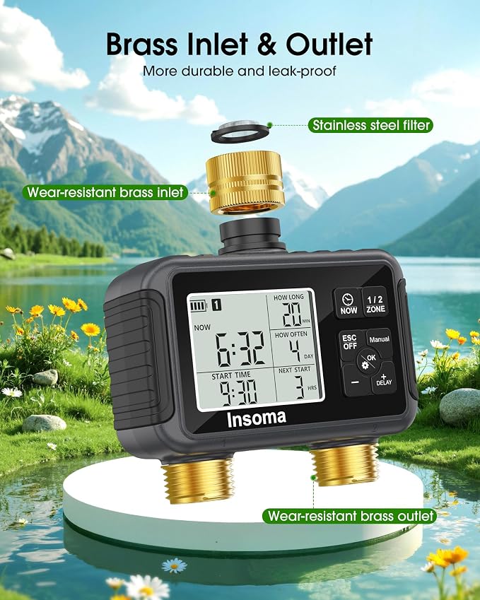 Insoma Water Timer with Brass Inlet & Outlet, 2 Independent Zones Outdoor Hose Timer for Garden Faucet with Auto/Manual/Rain Delay Mode, Sprinkler Irrigation Controller for Yard Lawn