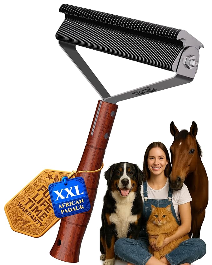 Over-Sized 2-Sided Dog Brush For Shedding Undercoat Rake for Dogs & Cats & Horses, Remove Mats, Dematting Comb,Gentle Grooming Brush for German Shepherds Medium to Long-Haired Pets(African Padauk)
