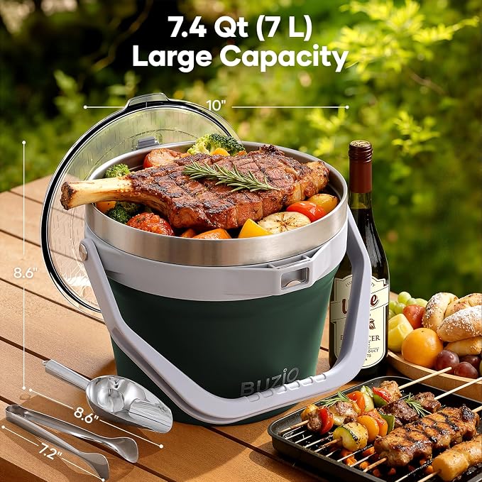 BUZIO 7 L Ice Bucket with Lid Scoop & Tongs & Adjustable Shoulder Strap | 7.4 Qt/7 L Insulated Stainless Steel Large Beverage Bucket with Handle (Doulble Wall), for Parties, Cocktail Bar Champagne