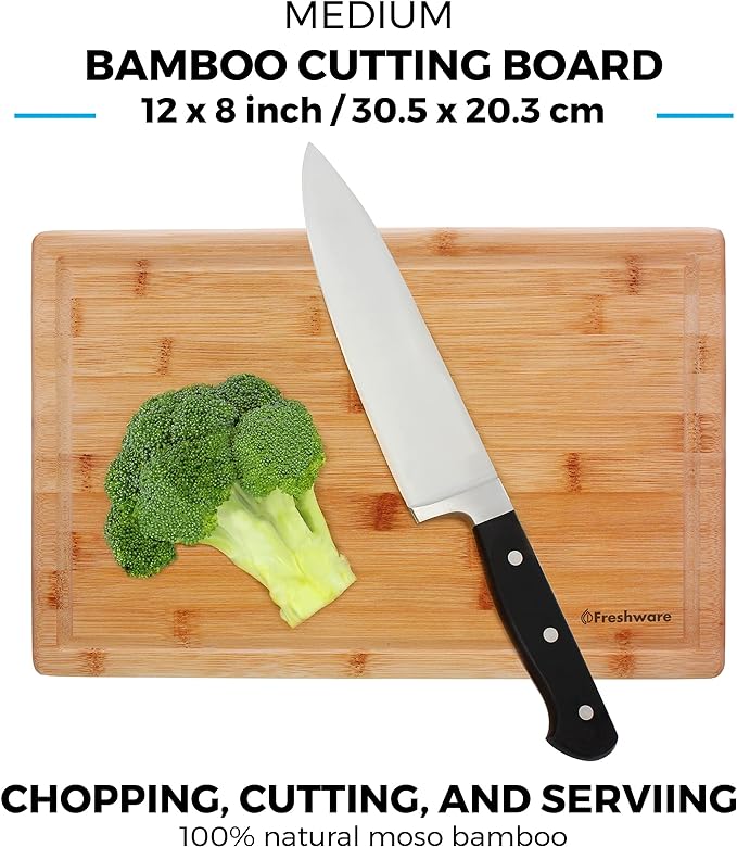 Freshware Freshware Bamboo Cutting Boards for Kitchen with Juice Groove [Set of 2] Wood Cutting Board for Chopping Meat, Vegetables, Fruits, Cheese, Knife Friendly Serving Tray with Handles