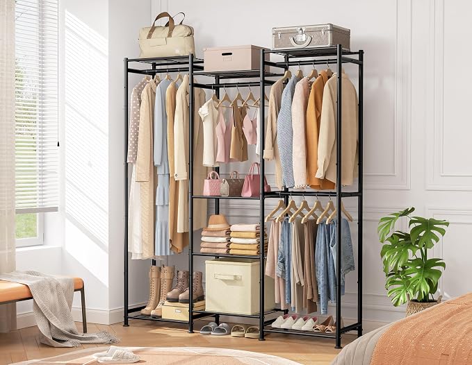 HOMIDEC Wardrobe Closet, 4 Hanging Spaces Portable Clothes Rack,Free Standing Closet Organizer and Storage System with Hanging Rods,Clothing Rack Suitable for Cloakroom,Bedroom,Entrances,etc.Black