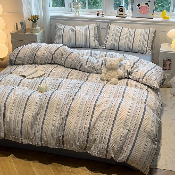 mixinni Vintage Blue and White Striped Duvet Cover Set Twin Size - 100% Washed Cotton 3 Piece Bedding Set with Geometric Pattern, Soft Breathable Comforter Cover with Zipper Closure & Corner Ties