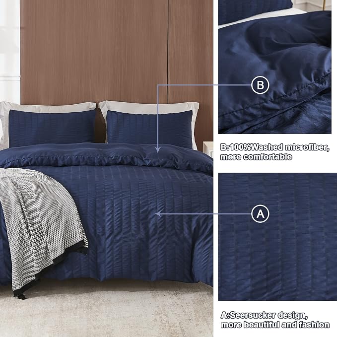 AveLom Navy Blue Duvet Cover King (104 x 90 inches), 3 Pieces (1 Duvet Cover + 2 Pillow Cases), Seersucker Textured Ultra Soft Washed Microfiber, Textured Duvet Cover with Zipper Closure, Corner Ties
