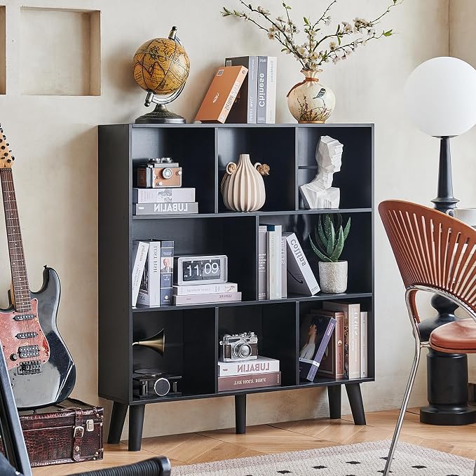 LEYAOYAO 8 Cube Bookshelf,Mid-Century Modern Book Shelf with Legs, Black | 3 Tier Bookcase, Rustic Wood Bookshelves Freestanding Large Storage Organizer, Open Shelves for Bedroom, Living Room, Office