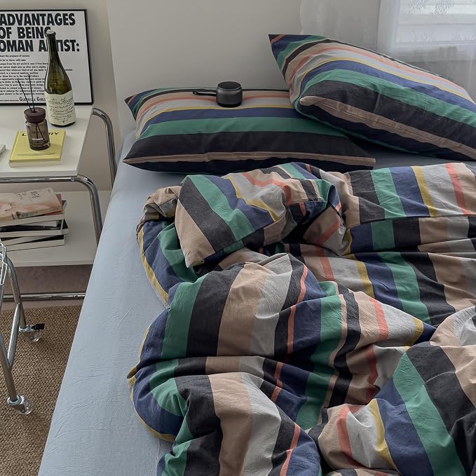 mixinni Vintage Striped Duvet Cover Full 100% Washed Cotton Bedding Set Retro Mid Century Modern Striped Duvet Cover with Zipper Closure Corner Ties for Kids Teens Dorm