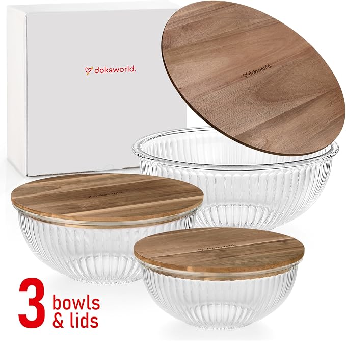 Set of 3 Stackable Space-Saving Nesting Glass Salad Bowls with Acacia Lids for Foodprep, Storage, Baking, Mixing & Cooking - Microwave Safe Durable Inert Borosilicate Glass