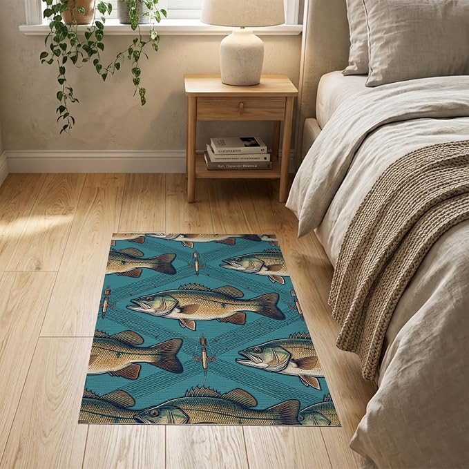 2'x3' Washable Area Rug Bass Trophy Catch Vintage Lure Spotted Tackle Motif Fish Fishing Refined Non-Slip Low Profile for Hallway, Study Room, Playroom