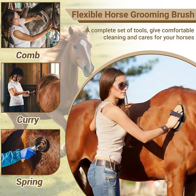Horse Grooming Kit, 14-in-1 Professional Horse Brush Supplies Set for Grooming & Care, with Horse Brushes, Curry Comb, Hoof Pick & Waterproof Storage Tote Bag for Shining, Detangling, Massaging(Khaki)