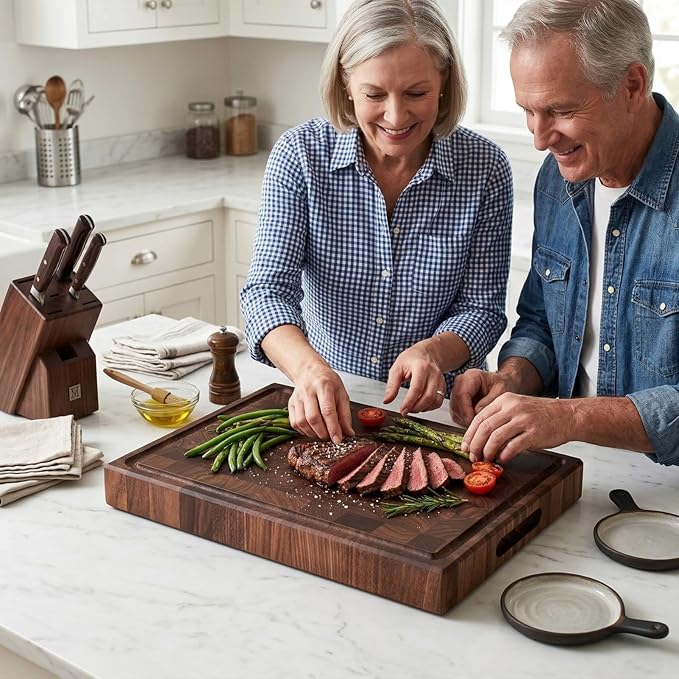 muso wood End Grain Cutting Board, Black Walnut Wood, 2" Thick Dual-Sided Wooden Chopping Board with Juice Groove & Handle - Idea for meat cutting, vegetable dicing, and fruit processing, 20 x 15 inch