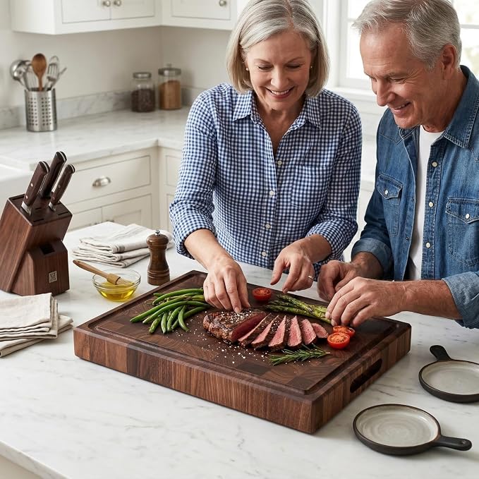 muso wood End Grain Cutting Board, Black Walnut Wood, 2" Thick Dual-Sided Wooden Chopping Board with Juice Groove & Handle - Idea for meat cutting, vegetable dicing, and fruit processing, 16 x 12 inch