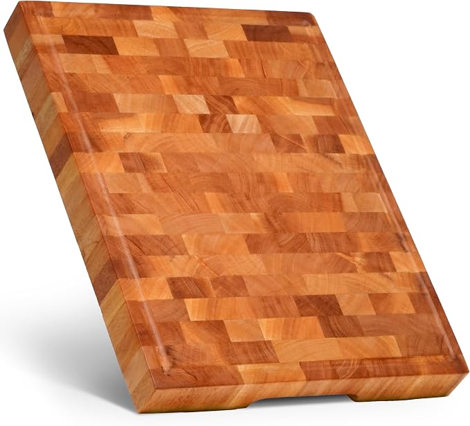SHUMARU Mahogany End Grain Cutting Board, 17×13×1.6 in – Handmade Butcher Block, Knife-Friendly, Juice Groove, Non-Slip Feet