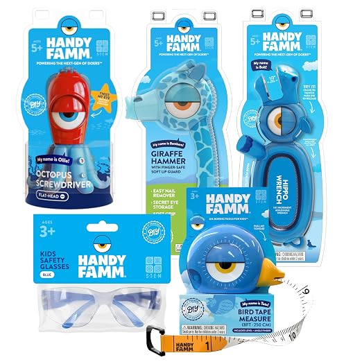 Handy Famm Kids Tape Measure & Tools Set Bundle – Hammer, Wrench, Screwdriver, Safety Glasses & Measuring Tape - 5 Piece STEM DIY Tool Kit for Boys & Girls Ages 5+
