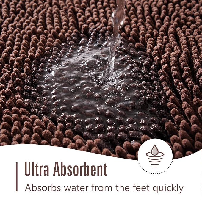 LOCHAS Luxury Bathroom Rug Shaggy Bath Mat 24 x 70 Inch, Brown | Washable Non Slip Bath Rugs for Bathroom Shower, Soft Plush Chenille Absorbent Carpets