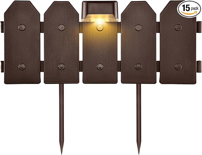 Garden Border Edging: Wooden Grain Fence Dog Ear Design with Solar Lights- Landscaping Fence Liner Lawn Edge Barrier - Decorative Lawn Landscape Panels Elements -Landscaping Edging, 21 ft.