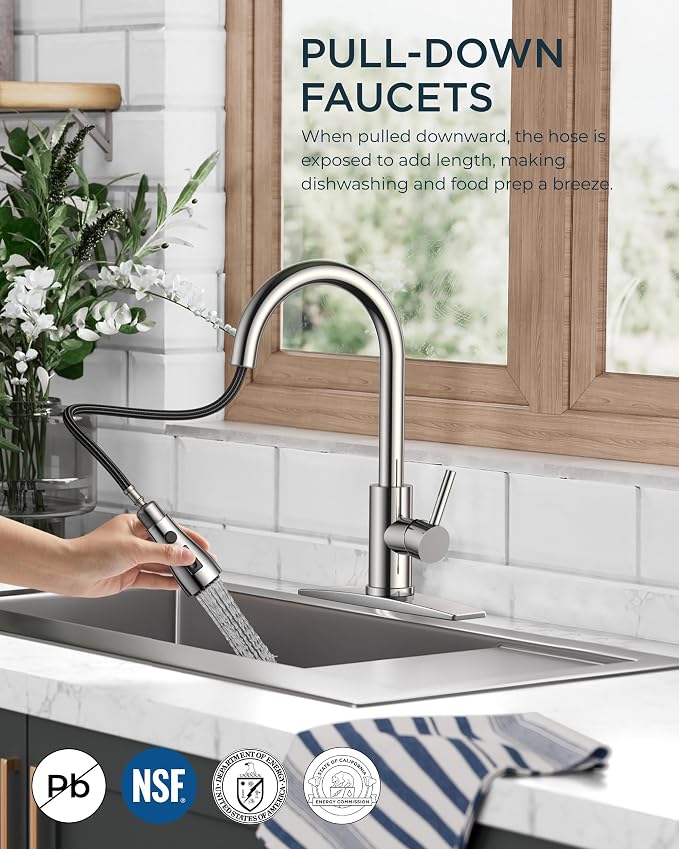 FORIOUS Kitchen Faucet with Pull Down Sprayer, Chrome, Bar High Arc Single Handle Traditional 3 Modes Stainless Steel Faucet for Kitchen Sink Farmhouse RV Laundry Camper