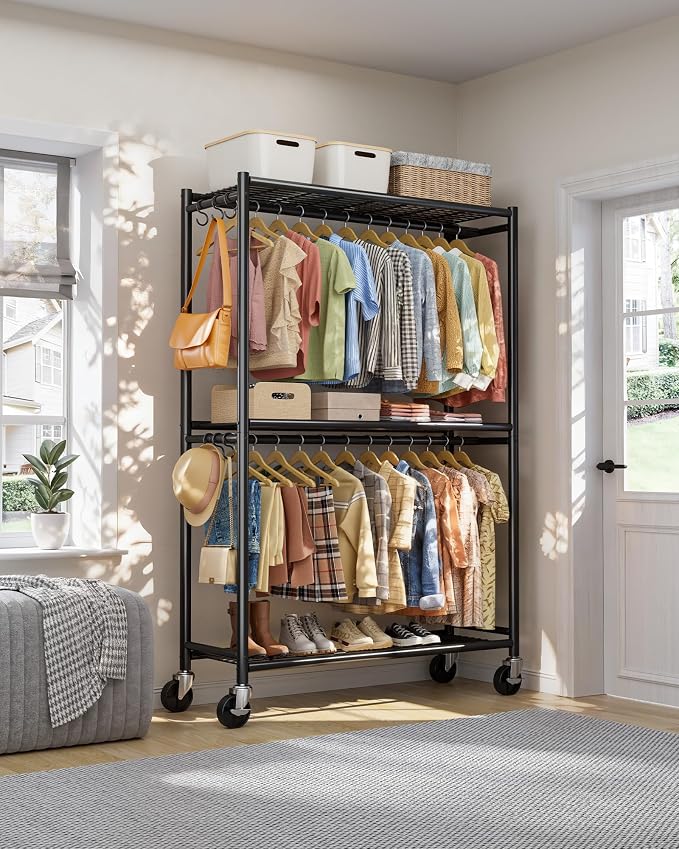Sakugi Clothes Rack - Double Hanging Rod Clothing Rack with Wheels & Leveling Feet, Large Capacity Wardrobe Closet with Shelves for Bedroom, Laundry Room, Entryway, 45.2" x 12.6" x 80.7", Black