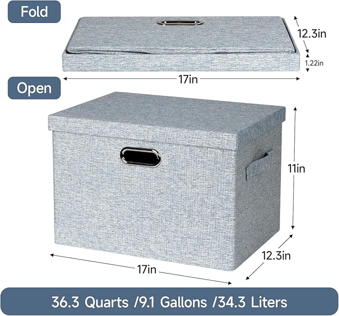 Graciadeco Large 17" 36 Quart Collapsible Stackable Storage Bins with Lids, 3 Packs Blue-Grey Linen Fabric Closet Boxes with Lids, Storage Cube Baskets Container Organizers for Bedroom (17x12x11)