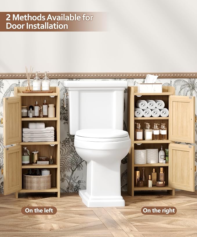 Akxomel Rattan Small Bathroom Cabinet Narrow Toilet Paper Organizer Oak | 7.9''D x 11.8''W Bathroom Organizer and Storage Cabinet for Small Space, Slim Corner Unit with Adjustable Shelf