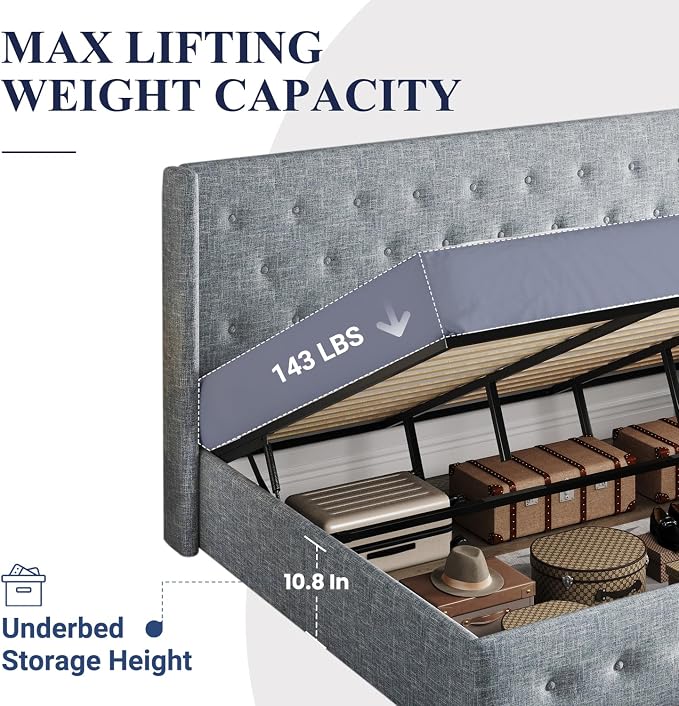 Allewie King Size Lift Up Storage Button-Tufted Bed Frame Blue Grey | Modern Wingback Headboard, Hydraulic Support Storage, No Box Spring Needed