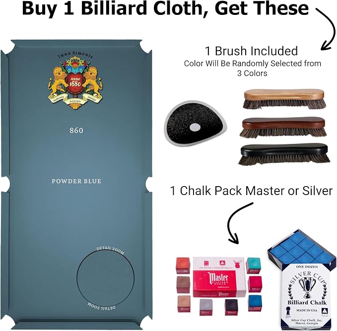 Simonis 860 Pool Table Cloth Replacement Kit for Tables Includes Precut Bed and Rail Cloth, Horsehair Brush, Spots, and Chalk (Multiple Colors)