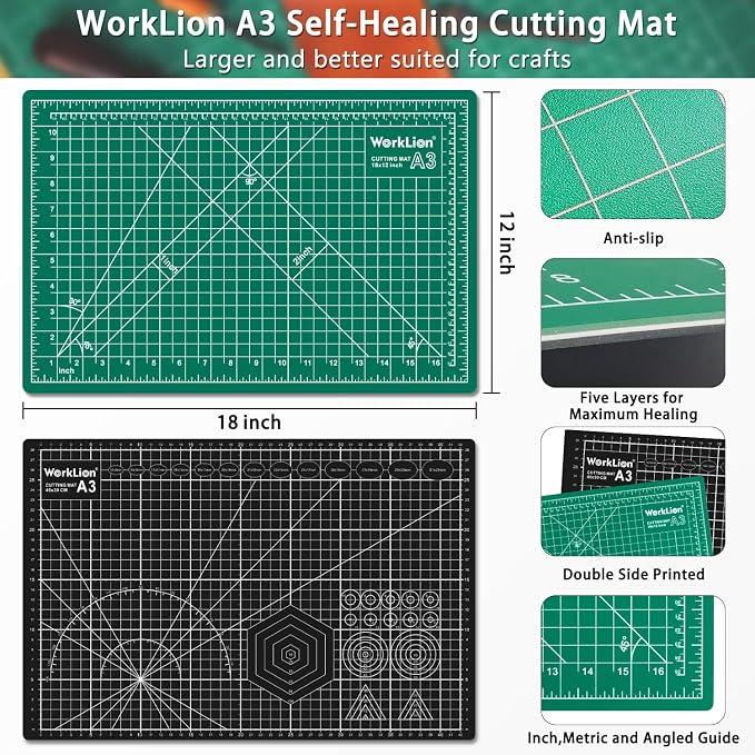 Worklion Self Healing Craft Mat: 18"x12" Rotary Cutting Mat for Sewing,Quilting,Leather,Craft,Fabric,Model,Art,Clay,5-layer 2-sided Cutting Mat, green and black