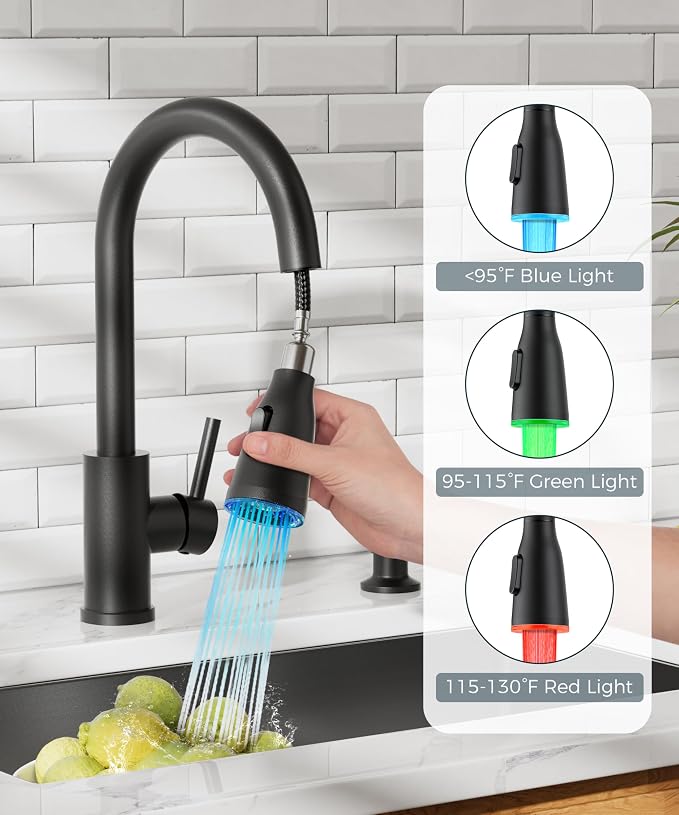 FORIOUS LED Kitchen Faucet with Soap Dispenser, Pull Down Sprayer, Black | Stainless Steel Single Handle, Transitional Bar Sink Faucet with LED Light Sprayer, Suitable for Outdoor Rv Laundry Camper