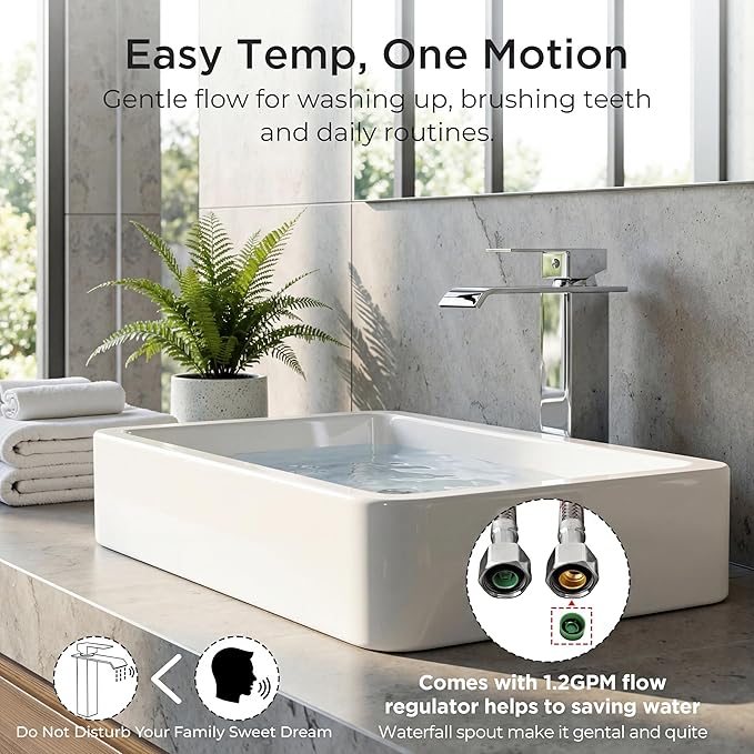 FORIOUS Vessel Bathroom Sink Faucets 1 Hole Chrome, Tall Waterfall Bathroom Faucet Single Handle with Pop Up Drain and Supply Lines for Bowel Sink, Deck Mount