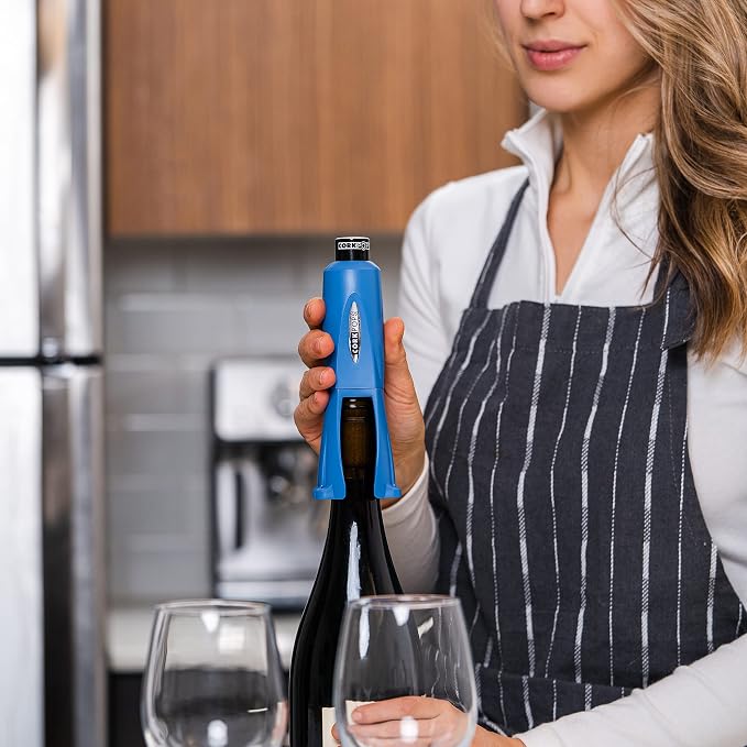 Cork Pops Legacy Wine Opener Built-in 4-Blade Foil Cutter Safe Cork Removal, Effortless Push Button Use, Needle Guard for Safety, Low-Pressure Cartridge Opens Up To 60 (Blue, With 1 Cartridge)